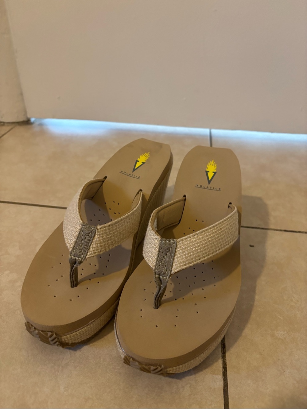 Volatile Tan Wedge Thong Sandals with Natural Fabric Straps